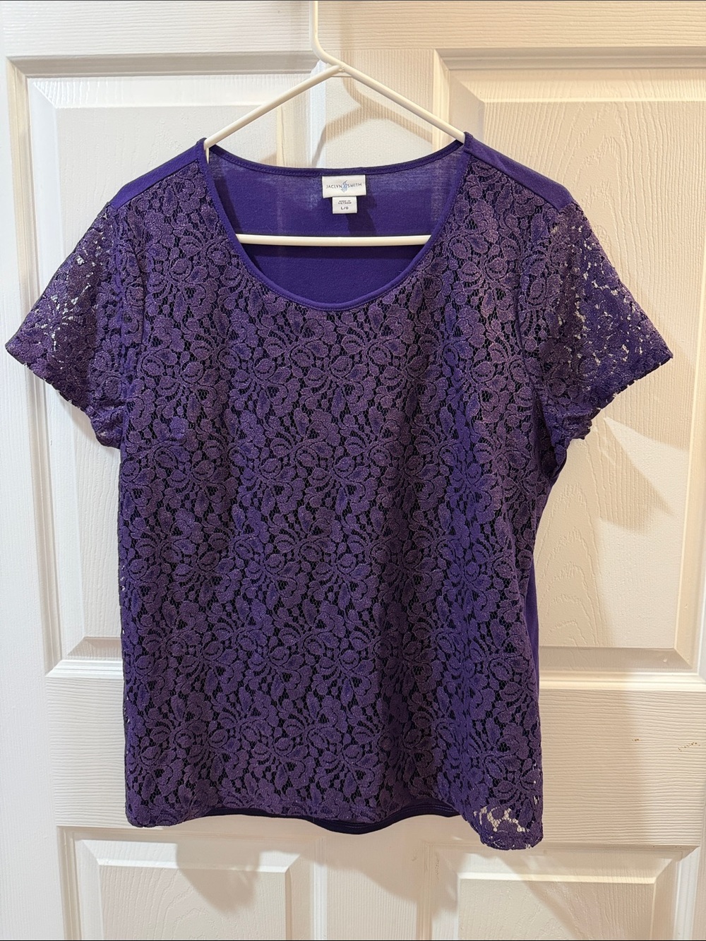 Jacqueline Smith Lace Overlay Short Sleeve Blouse - Purple- Size Large